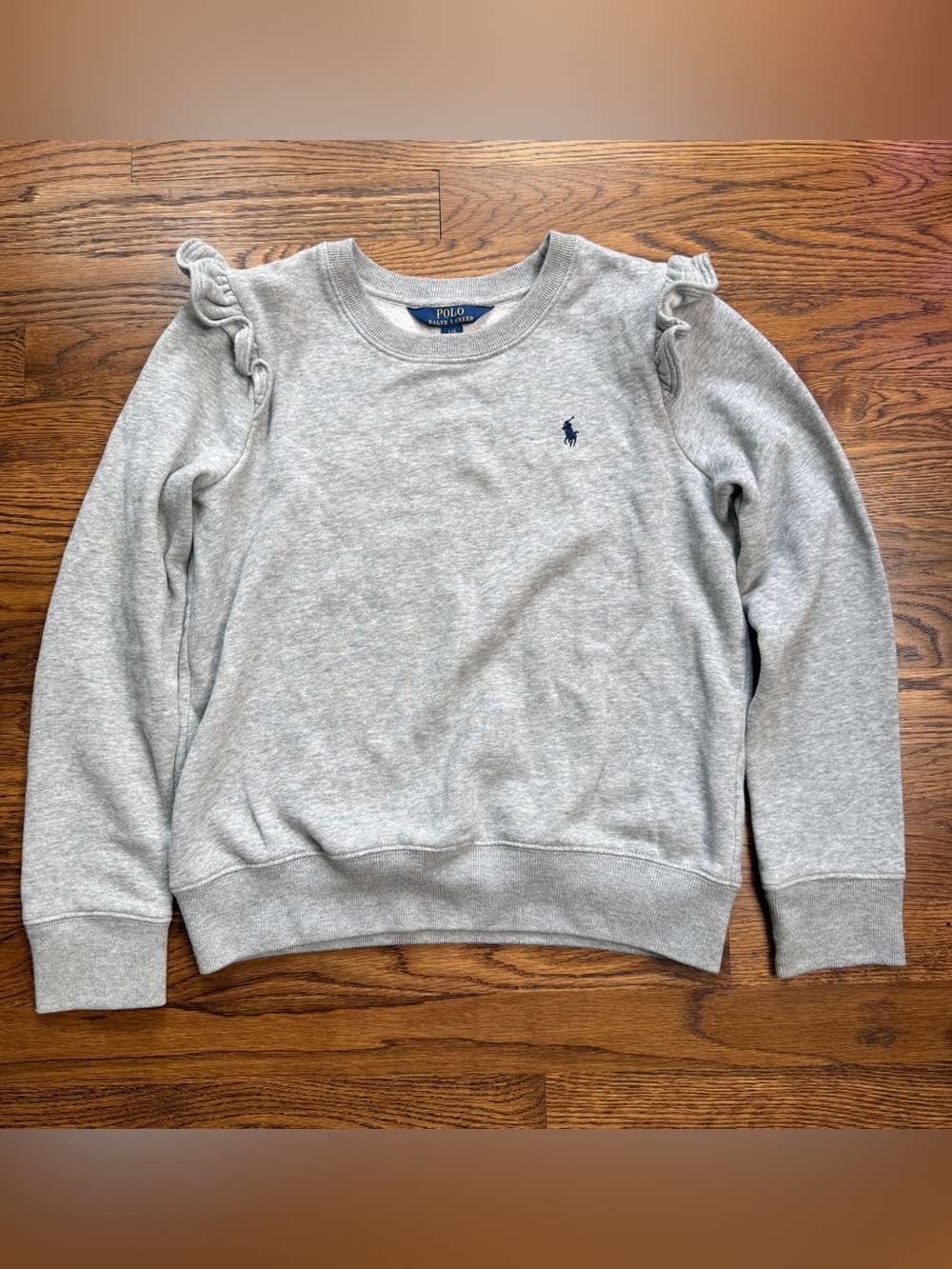 Polo Ralph Lauren Girls Heather Gray Ruffle Shoulder Andover Sweatshirt 12-14